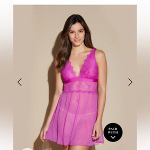 NWT Cosabella Allure Sheer Babydoll Chemise Fuchsia w/ Eyelash Lace Detail Small